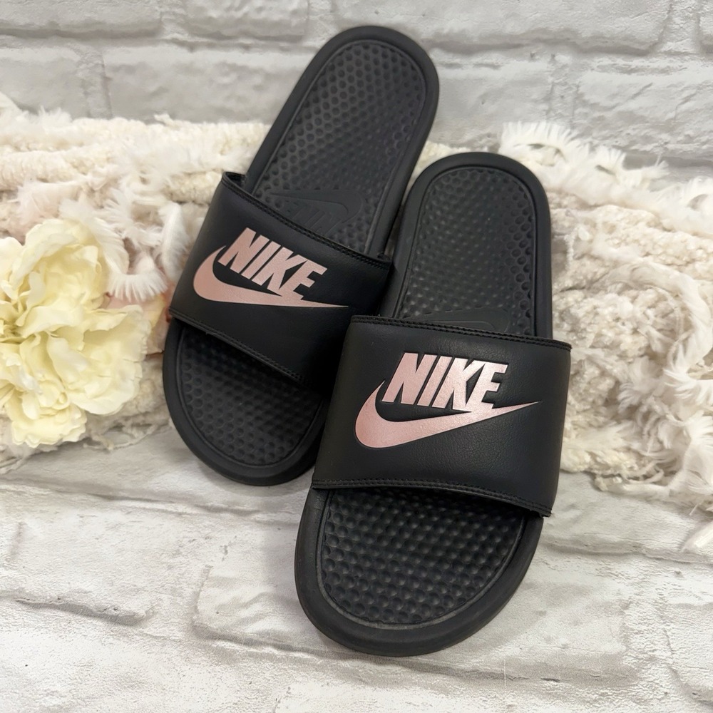Nike Benassi JDI Black Rose Gold Slides Sandals 343881-007 Womens Size 10